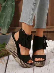 Sandali da donna con zeppa e plateau, con punta aperta, tacchi alti versatili, scarpe casual estive da romana con cerniera laterale