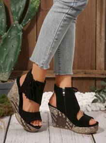 Sandali da donna con zeppa e plateau, con punta aperta, tacchi alti versatili, scarpe casual estive da romana con cerniera laterale
