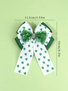 1pc St. Patrick's Day Green Clover Print Bow Hair Clip, Double-Layer Ribbed Ribbon Rhinestone Sequin Decor Hair Accessory For Teens - Multicolor - View 5