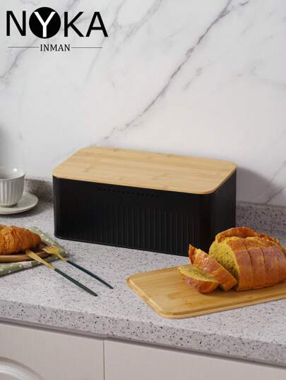 NYKAINMAN Reusable Metal Bread Box With Wooden Lid - Rectangular Kitchen Storage Container For Bread, Toast, Fruits And Vegetables