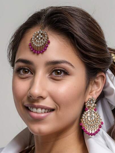 3pcs Retro Luxury Style Colorful Bead Pendant Earrings, Crystal Flower Decor Head Chain, Forehead Chain Jewelry Set Suitable For Women's Daily Or Party Wear, Girl Wedding Accessories Valentines,Mom,Mother,Mother's Day,Gift