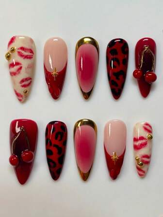 10 piezas de diseño de lujo de alta gama Nail Stickers con estrellas 3D y perlas - Contraste de color nude brillante y negro, forma de almendra corta, uñas artificiales cortas adecuadas para mujeres y niñas - Juego de arte de uñas elegante