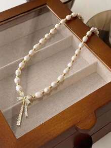 1pc Pearl Necklace, Micro-Inlaid Zirconia Bowknot Vintage Style Clavicle Chain, Copper Bead Interval Design Necklace Accessory, Suitable For Daily Wear, Weddings, Birthdays - Multicolor - View 5