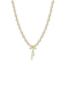 1pc Pearl Necklace, Micro-Inlaid Zirconia Bowknot Vintage Style Clavicle Chain, Copper Bead Interval Design Necklace Accessory, Suitable For Daily Wear, Weddings, Birthdays - Multicolor - View 6