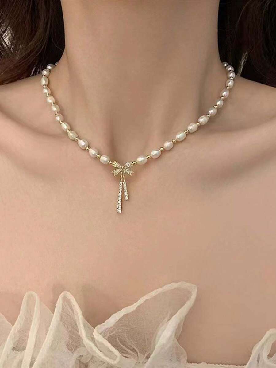1pc Pearl Necklace, Micro-Inlaid Zirconia Bowknot Vintage Style Clavicle Chain, Copper Bead Interval Design Necklace Accessory, Suitable For Daily Wear, Weddings, Birthdays - Multicolor - View 1