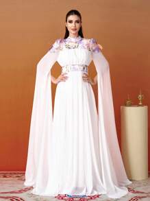 Missord Style Round Neck Long Sleeve Chiffon Patchwork Dress - White - View 2