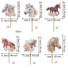 12pcs Paper Flower & Horse Cake Topper Decoration, Suitable For Baking Decor - Multicolor - View 2