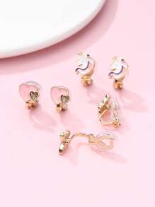 3 Pairs Colorful Zinc Alloy Butterfly, Unicorn, Heart Shaped Clip On Earrings For Girls, No Piercing Required, Suitable For Daily Wear