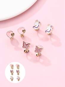 3 Pairs Colorful Zinc Alloy Butterfly, Unicorn, Heart Shaped Clip On Earrings For Girls, No Piercing Required, Suitable For Daily Wear