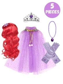4 piezas/set Peluca rizada larga roja de princesa con accesorios joyería de temática de sirena (peluca, corona, guantes, cetro), perfecta para fiestas de cumpleaños, accesorios de disfraz de princesa para actuaciones, ideal para regalos de niñas