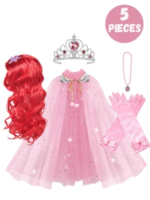 4 piezas/set Peluca rizada larga roja de princesa con accesorios joyería de temática de sirena (peluca, corona, guantes, cetro), perfecta para fiestas de cumpleaños, accesorios de disfraz de princesa para actuaciones, ideal para regalos de niñas
