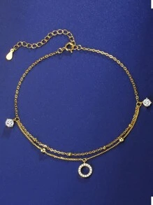1pc Minimalist Luxurious Double Layered Geometric Circle Rhinestone Anklet, Suitable For Valentine's Day And Daily Wear - Yellow Gold - View 4