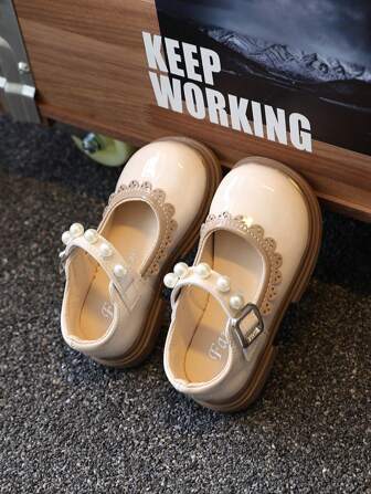 1 Pair Children's Square Toe Casual Shoes, PU Large Surface Anti-Slip Outsole, Hook And Loop Closure, Pearls & Rivets Decor, Adjustable Buckle