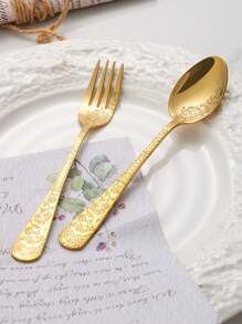4/6/12pcs Stainless Steel 1010 Embossed Reusable Cutlery Set, Forks & Spoons, Suitable For Western Dishes, Pasta, Salad, Fruit, Cakes And Desserts, Ideal For Home, Afternoon Tea, Wedding, Picnic