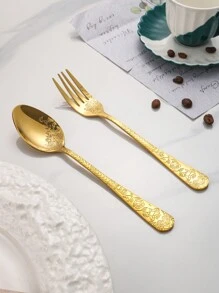 4/6/12pcs Stainless Steel 1010 Embossed Reusable Cutlery Set, Forks & Spoons, Suitable For Western Dishes, Pasta, Salad, Fruit, Cakes And Desserts, Ideal For Home, Afternoon Tea, Wedding, Picnic