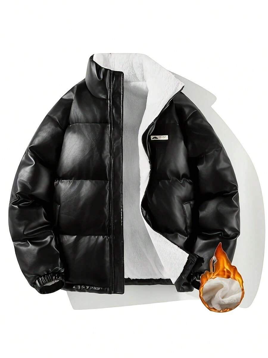 Men's Winter Warm Padded Jacket, Long Sleeve Standing Collar Windproof Padded Coat, Casual Thick Warm Zipper Velvet Jacket, Suitable For Outdoor Leisure