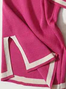 Conjunto de suéter de Punto de 2 Piezas para Mujer,Conjunto de camiseta y pantalón de manga larga con dobladillo acanalado para mujer, Suéter de Punto de Mangas Cortas, sin Botones,Cintura elástica, pantalones de descanso - Rosa Fucsia - Ver 8