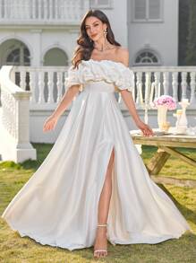 UNITHORSE 1 件白色露肩褶饰腰部修身 A 字形开叉下摆婚纱，新娘，全白派对服装女士