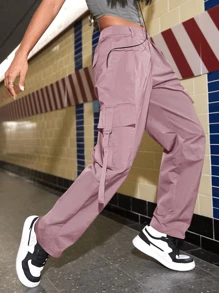 側翻蓋口袋工裝褲 - 紫丁香色 - 查看 4