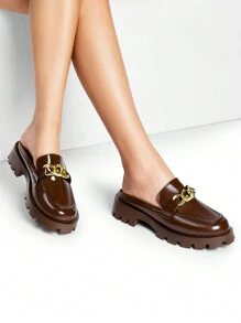 Women Mules Slippers Chunky With Gold Chain Decor Slip On Platform Thick Comfortable Fashion Classic Loafers Flat Slides Shoes - màu nâu - Xem 1