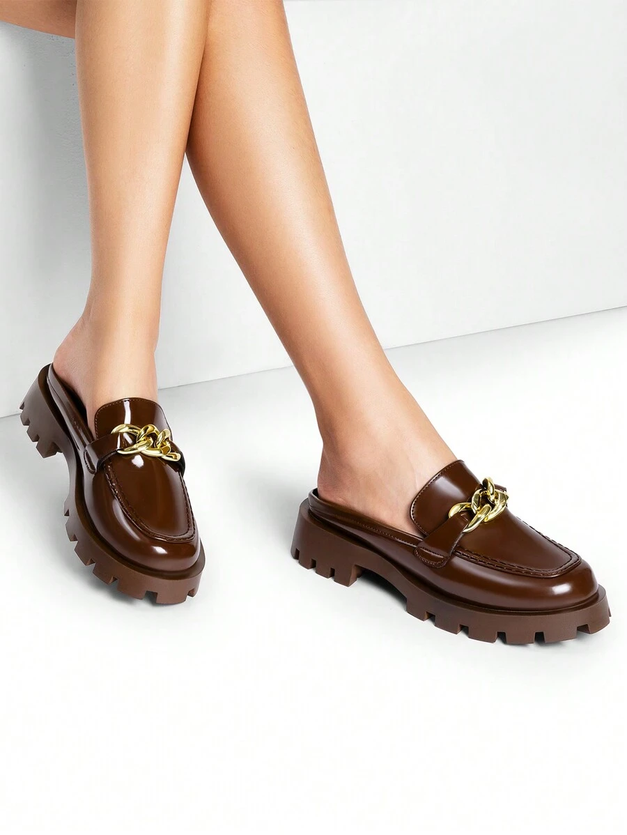 Women Mules Slippers Chunky With Gold Chain Decor Slip On Platform Thick Comfortable Fashion Classic Loafers Flat Slides Shoes - màu nâu - Xem 1