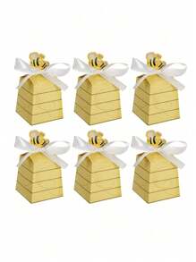 10pcs Bee Pattern Paper Gift Boxes With Bow Decor, Candy Boxes For Birthday, Party Decoration Packaging