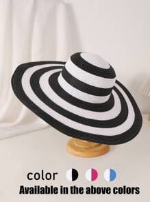 1pc Women's Black & White Striped Wide Brim Sunhat, Fashionable Korean Style For Outdoor, Beach, Vacation - Black and White - View 1