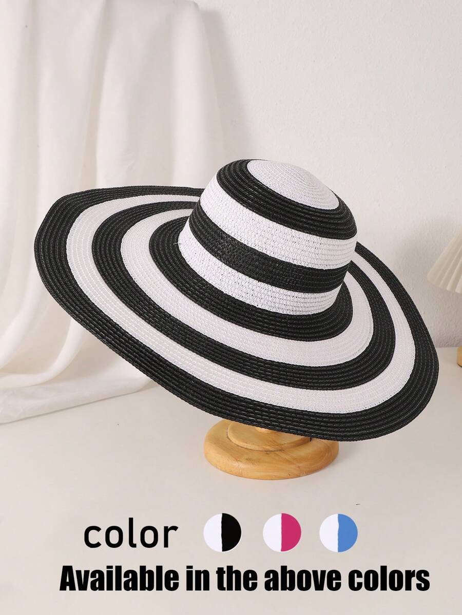 1pc Women's Black & White Striped Wide Brim Sunhat, Fashionable Korean Style For Outdoor, Beach, Vacation - Black and White - View 1