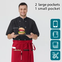 1pc Kitchen Server Essential 4-Color Waist Apron, 3 Pockets, 55cm Length Service Apron Waterproof For Server Chef Waitress, Black/White/Red/Navy - Black - View 7