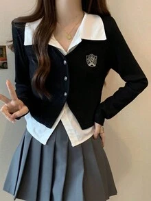 二合一 Polo 领衬衫，学院风，秋季 - 黑色 - 查看 2