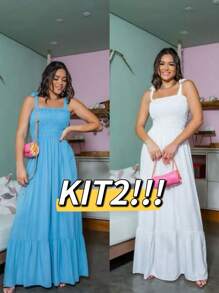 Kit 2 Women's Long Lastex Dresses With Straps And Tie Straps - AZUL BEBE+branco - Xem 1