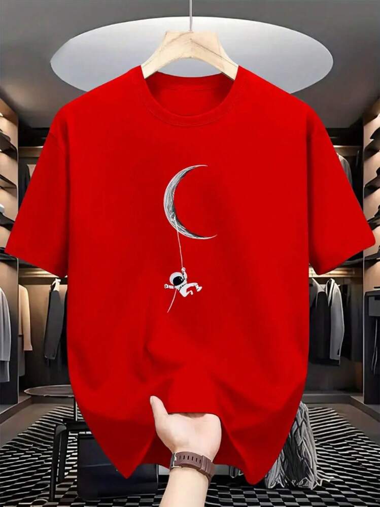 Men's Moon And Astronaut T-Shirt Printed Cotton Shirt Casual Fashion Premium Mesh Blouse - Red - View 1