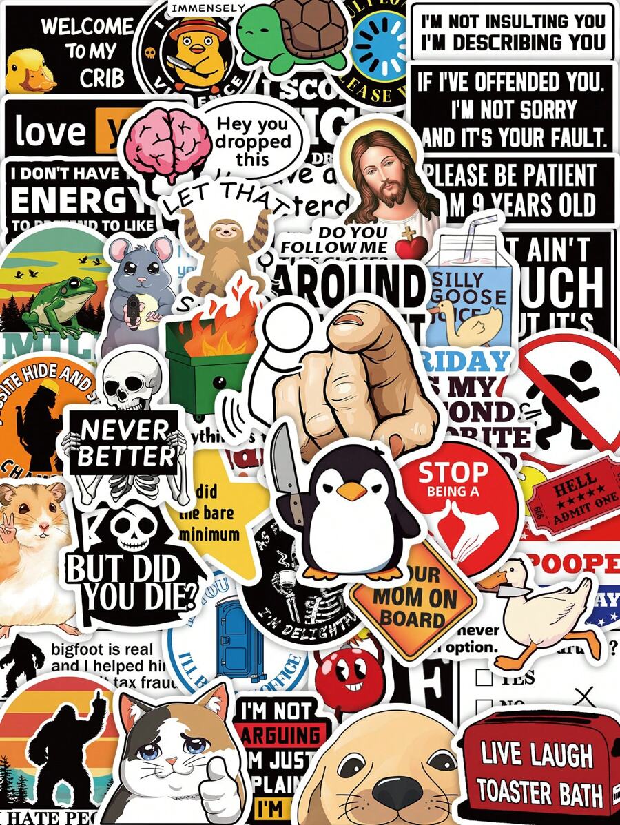 50pcs Funny Cartoon Sticker Pack, Pranks Creative Stickers Suitable For Decorating Phone, Laptop, Tablet, Helmet, Scrapbook, Luggage - Multicolor - View 1
