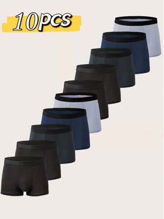 10pcs Solid Color Breathable Stretchy Men's Underwear Briefs, Comfortable Boxer Briefs, Casual Activewear Shorts, Plus Size