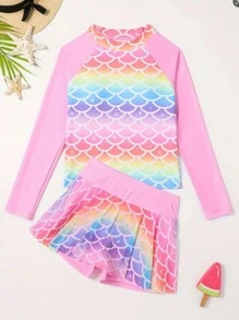 Young Girl Mermaid Scale Print Rash Guard Tankini Swimwear Set, Long Sleeve Top & Shorts, Perfect For Beach, Pool Party - Pink - View 1