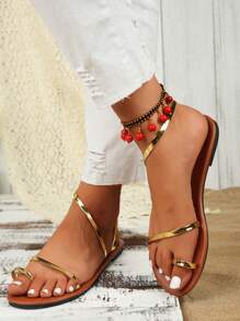 Women's Summer Outdoor Fashion Beach Party Vacation Minimalist Comfortable Casual Slip-On Flat Sandals, Run Large By Half Size, Sweet & Spicy Sexy Sandals - XP Gold - View 2