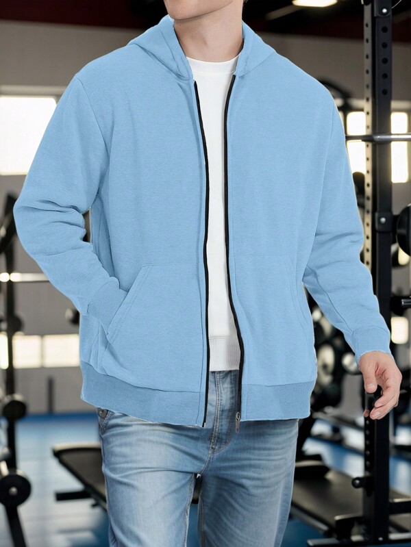 1pc Men's Solid Hooded Jacket, Spring & Autumn , Fashionable Casual Long Sleeve Fitness Sport Jacket