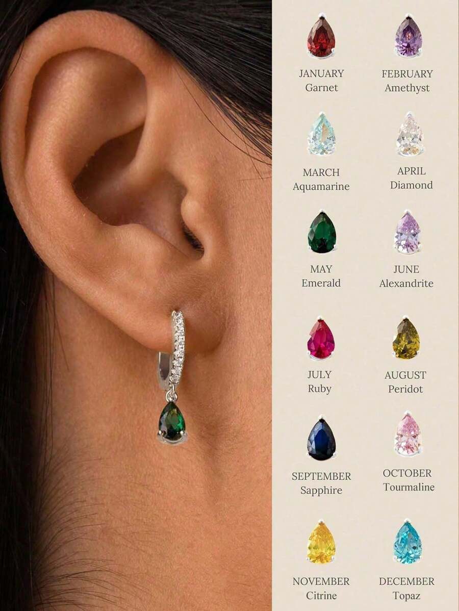 1 pièce Boucles d'oreilles à pendentif pierres de naissance en forme de goutte d'eau pour femmes en argent sterling S925, 12 mois personnalisé, bijoux fins, cadeau d'anniversaire