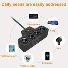 Black ABS Material Car Charger With 2 USB Ports And PD Fast Charging Port, QC3.0 Multi-Function Car Power Distributor With 7 Sockets, Suitable For 12-24V Vehicles, Auto Accessories - Black - View 7