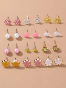 24 件彩色花卉和蝴蝶水钻装饰甜美时尚儿童耳环套装