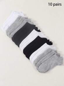 10 Pairs Assorted Black, White, Gray Casual Men's Boat Socks, All Season - Multicolor - View 1