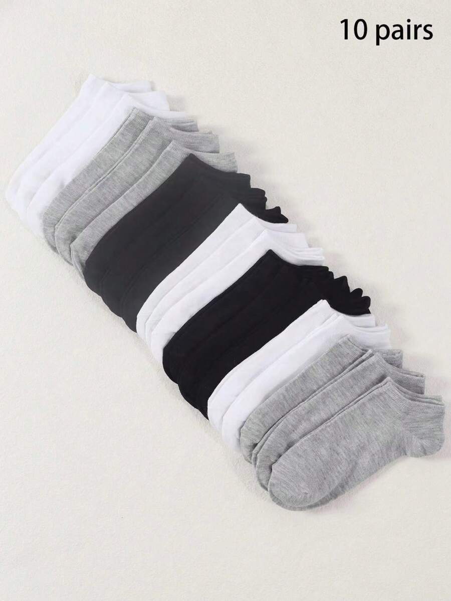 10 Pairs Assorted Black, White, Gray Casual Men's Boat Socks, All Season - Multicolor - View 1