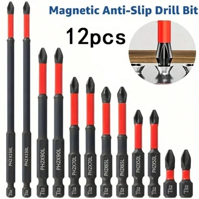Bộ 12 mũi khoan từ chống trượt: Thép S2, Phillips & Mũi khoan tác động cho máy vặn vít điện & thủ công, Bộ mũi khoan từ chống trượt