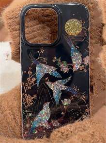 Retro-Art Berge Elstern Mondschein Handyhülle kompatibel mit iPhone 16 15 14 13 Pro Max, Mode Pailletten stoßfeste Rückseite