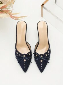 Tacones de punta con lazo de color azul zafiro, tacones altos finos para fiesta con efecto slip-on para mujeres - azul real - Ver 3