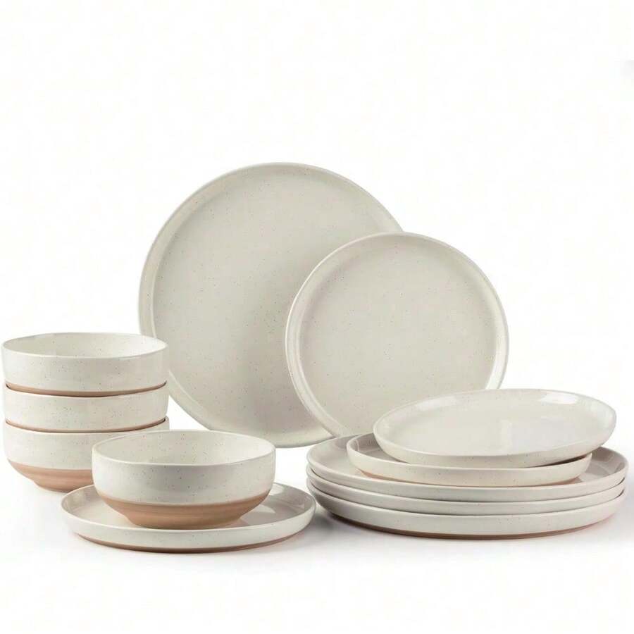 AmorArc Ceramic Dinnerware Sets For 6, 18 Pieces Handpainted Plates And Bowls Set With Rustic Terracotta Underside, Scratch Resistant Stoneware Dishes Set, Dishwasher & Microwave Safe,Light Beige - 淺米色 - 查看 1