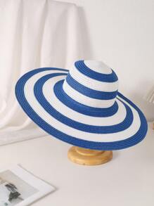 1pc Women's Black & White Striped Wide Brim Sunhat, Fashionable Korean Style For Outdoor, Beach, Vacation - Black and White - View 5