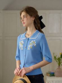 Simple Retro Cárdigan de verano elegante para mujer con cuello de Peter Pan, con encaje, costuras en contraste y bordados, de manga corta y corte ajustado, ideal para vacaciones - Azul - Ver 7