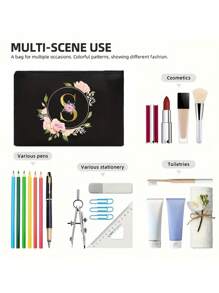 Golden Letter Floral Makeup Tote Bag - Black Polyester Zipper Bag, First Letters A-Z For Teacher Appreciation And Bridesmaid Gifts, Large Reusable Travel Storage Box, Women's Simple Large Capacity Travel Makeup Bag - Black - View 5