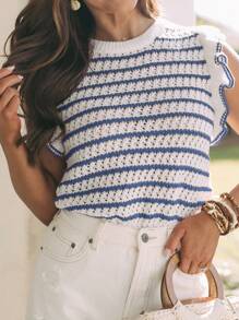 女士钩针编织条纹毛衣背心轻质圆领荷叶边盖袖上衣